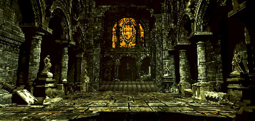 8bits pixel art of inside an ancient Gothic castle, dark fantasy, ancient statues and large arches with marble decorations
