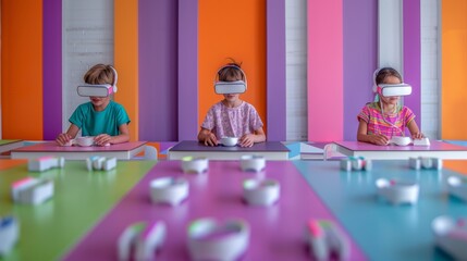 Diverse Middle School Students Engaging in Collaborative Learning with Virtual Reality in a Brightly Lit Classroom, Daytime, Exploring Environmental Science Concepts