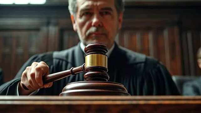 image capturing the moment a judge's gavel strikes, symbolizing justice and authority in a courtroom setting.