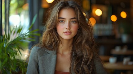 Fototapeta premium A Young Woman With Long Brown Hair Enjoys a Coffee in a Cozy Café Setting