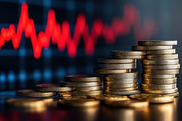 A striking image showing stacked coins with a fluctuating graph background, symbolizing financial growth and market trends.