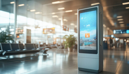 Modern digital information kiosk showing departure information in airport terminal