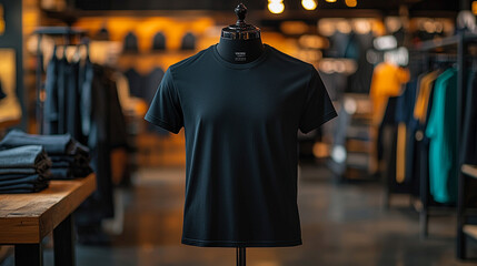 A mannequin is wearing a black shirt in a store
