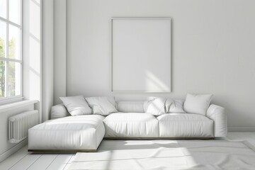 A white couch sits in a living room with three empty frames on the wall,generative ai image
