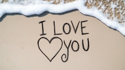Fototapeta premium I Love You Written In Sand On Beach With Ocean Wave