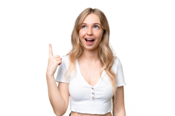 Young English woman over isolated background pointing up and surprised