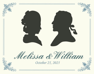 Wedding Invitation Card Template with Male and Female Silhouettes. Vector Illustration