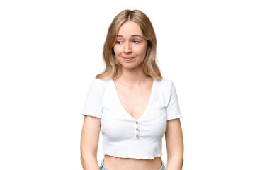 Young English woman over isolated background making doubts gesture looking side