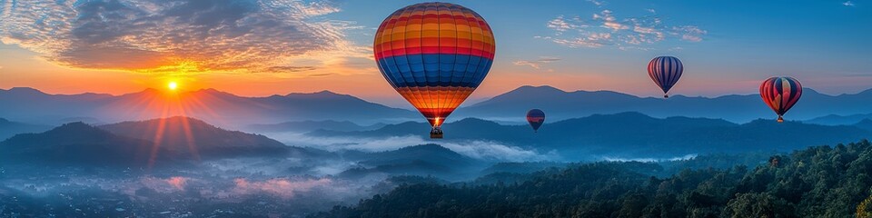 Obraz premium Colorful balloons hovering over the mountains at dawn, against a background of blue sky and greenery