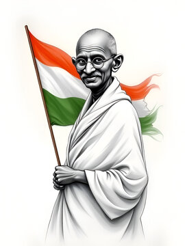 Mahatma Gandhi (Gandhiji) portrait in Black and White with Indian flag in background