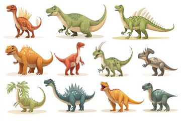 A vibrant collection of cartoon dinosaurs showcasing various species in playful poses, perfect for educational and creative projects.