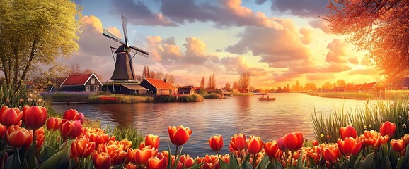 Windmill in idyllic Dutch countryside at sunset with red tulips in the foreground.