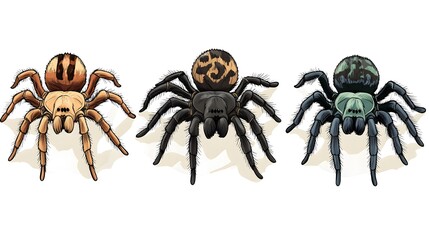 Fototapeta premium Three Unique Tarantula Icons Set, Ideal for Game Design Elements. Detailed and Distinctive Spider Illustrations for Digital Use in Game Interfaces, Perfect for Arachnid or Nature-Themed Projects