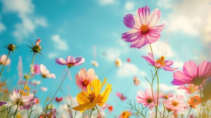 Fototapeta premium A field of pink flowers with a blue sky in the background, generative ai image