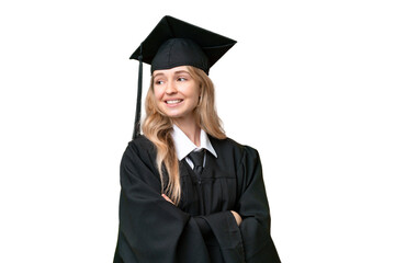 Young university English graduate woman over isolated background with arms crossed and happy