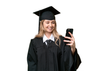 Young university English graduate woman over isolated background making a selfie