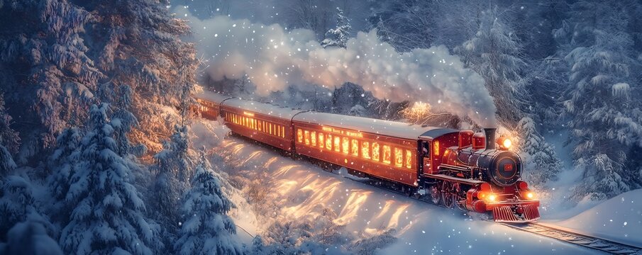 Christmas steam train traveling through snowy forest landscape. Vintage winter locomotive. Christmas, New Year celebration. Holiday travel concept. Banner, greeting card with copy space. Aerial view - Powered by Adobe