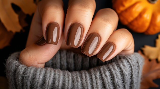 Close-up of a hand with glossy brown manicured nails wearing a gray knitted sweater, with autumn leaves and a small pumpkin in the background.