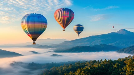 Fototapeta premium Colorful balloons hovering over the mountains at dawn, against a background of blue sky and greenery