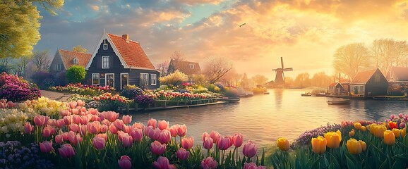 A picturesque Dutch village with colorful tulips and a windmill at sunset.