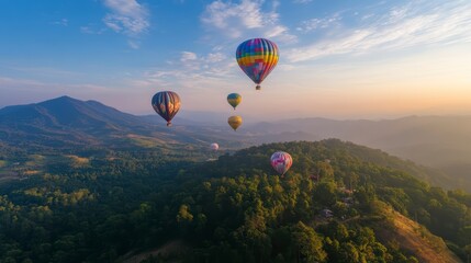 Naklejka premium Colorful balloons hovering over the mountains at dawn, against a background of blue sky and greenery