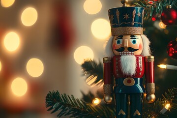 Nutcracker ornament hanging on Christmas tree with bokeh lights background. Traditional Christmas and New Year celebration. Vintage classic toy concept. Banner, invitation, greeting with copy space