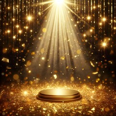 Luxurious golden party stage with lighting and golden glitters, A grand, opulent award ceremony stage adorned with golden light lamps concept of premium product marketing.