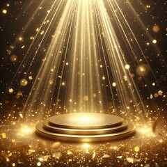 Luxurious golden party stage with lighting and golden glitters, A grand, opulent award ceremony stage adorned with golden light lamps concept of premium product marketing.