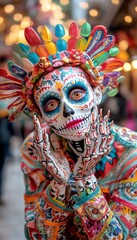 Fototapeta premium Skeleton in a Colorful Costume Celebrates a Vibrant Cultural Festival