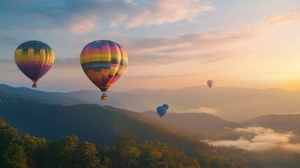 Fototapeta premium Colorful balloons hovering over the mountains at dawn, against a background of blue sky and greenery