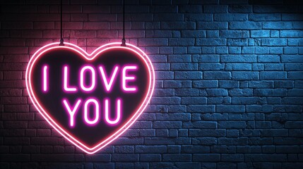 Fototapeta premium Pink Neon Heart I Love You Sign on Brick Wall