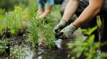 Close-up of hands planting seedlings in a garden, with focus on gardening gloves.
