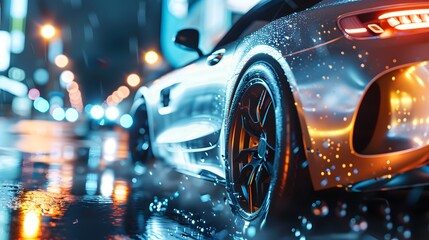 Luxury expensive car parked on dark background. modern luxury design gray car. Clean lines and detailed front view of modern automotive advertising