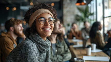 Obraz premium A woman with glasses and a scarf is smiling at the camera