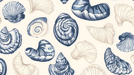 Seashells Pattern   Blue and Beige Watercolor Illustration