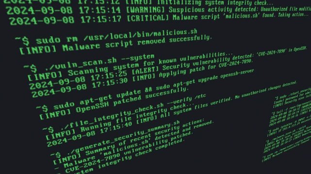 Linux terminal shell scene, hacking, data security check and analyzing  commands animation with glitch and distortion effects, concepts, ideas, 4k 
