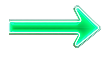 Neon green illuminated arrow. Transparent background