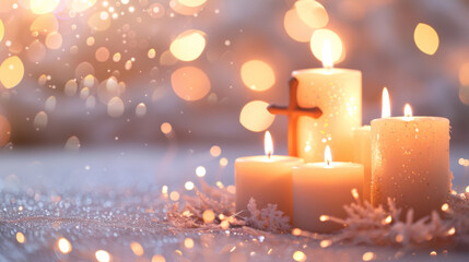 Golden crucifix with bokeh light background, Christian concept