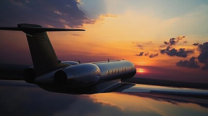 Private jet flying through sunset clouds