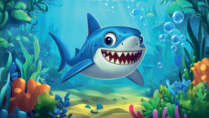 Cute Little Shark Underwater World Cartoon Illustration Childrens Book Adorable Ocean Character Kids Story Sea Life Friendly Shark Marine Animal Illustration Playful Shark Ocean
