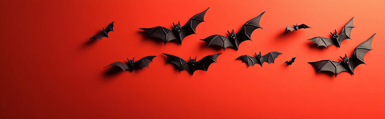 Fototapeta premium Halloween minimalist background with Black bats on bright color backdrop