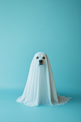 Dog wearing ghost costume on color background, Halloween concept