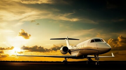 Private jet parked on a runway at sunset
