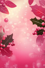 Holly leaves and berries with bokeh lights pink background