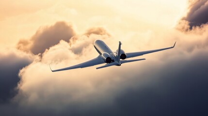 Obraz premium Private jet flying through clouds at sunrise