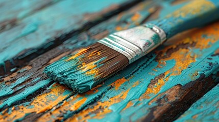 Fototapeta premium A macro view of vibrant turquoise paint on a textured wooden surface with a painted brush