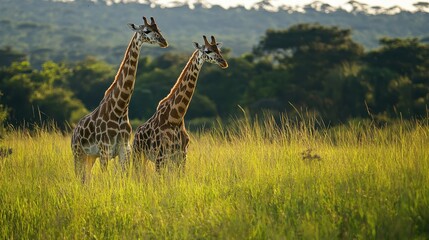 Obraz premium Two giraffes stand in a grassy field, looking towards the trees in the distance. The sun shines through the tall grass.