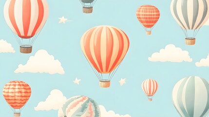 Obraz premium Colorful Hot Air Balloons Floating in a Blue Sky with Clouds