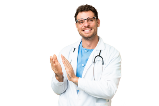 Brazilian doctor man over isolated chroma key background applauding after presentation in a conference