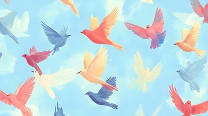 Fototapeta premium Colorful Birds Flying in the Sky with Clouds